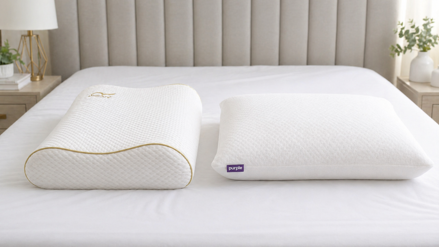 Neutral bedroom context visual for Royal Therapy King Memory Foam Pillow and Purple Harmony Pillow