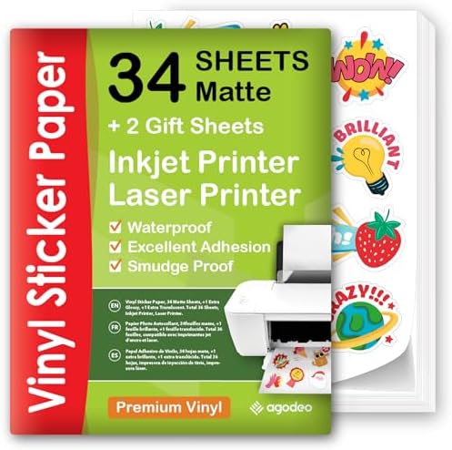 AgoDeo matte printable vinyl sticker paper sheets shown printed and ready to cut at home