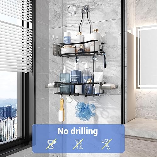 Aitatty hanging shower caddy mounted over a showerhead with both tiers loaded, no drilling required