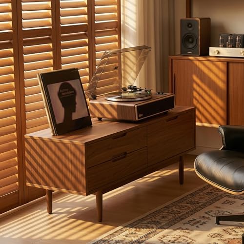 Arkrocket Huygens Bluetooth record player in its walnut finish with built-in speakers