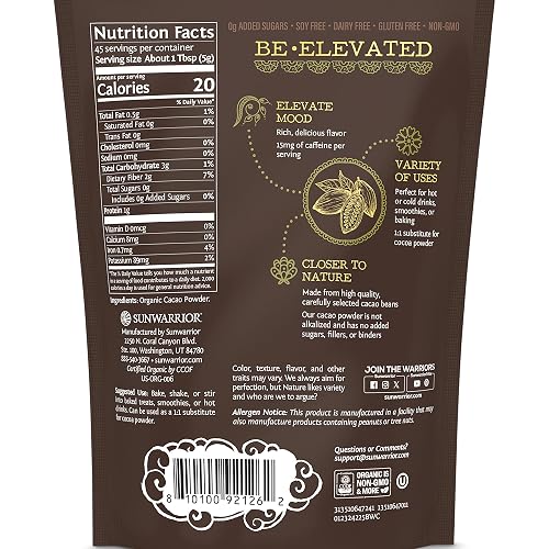 Be Well Organic Cacao Powder resealable pouch beside a bowl of finely milled cacao