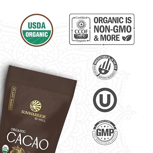 Back of the Be Well Organic Cacao Powder pouch showing the single-ingredient panel