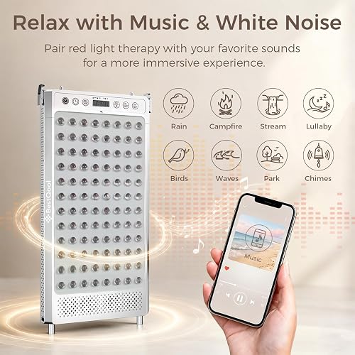 BestQool panel paired with a phone, showing Bluetooth music and eight built-in white-noise sounds