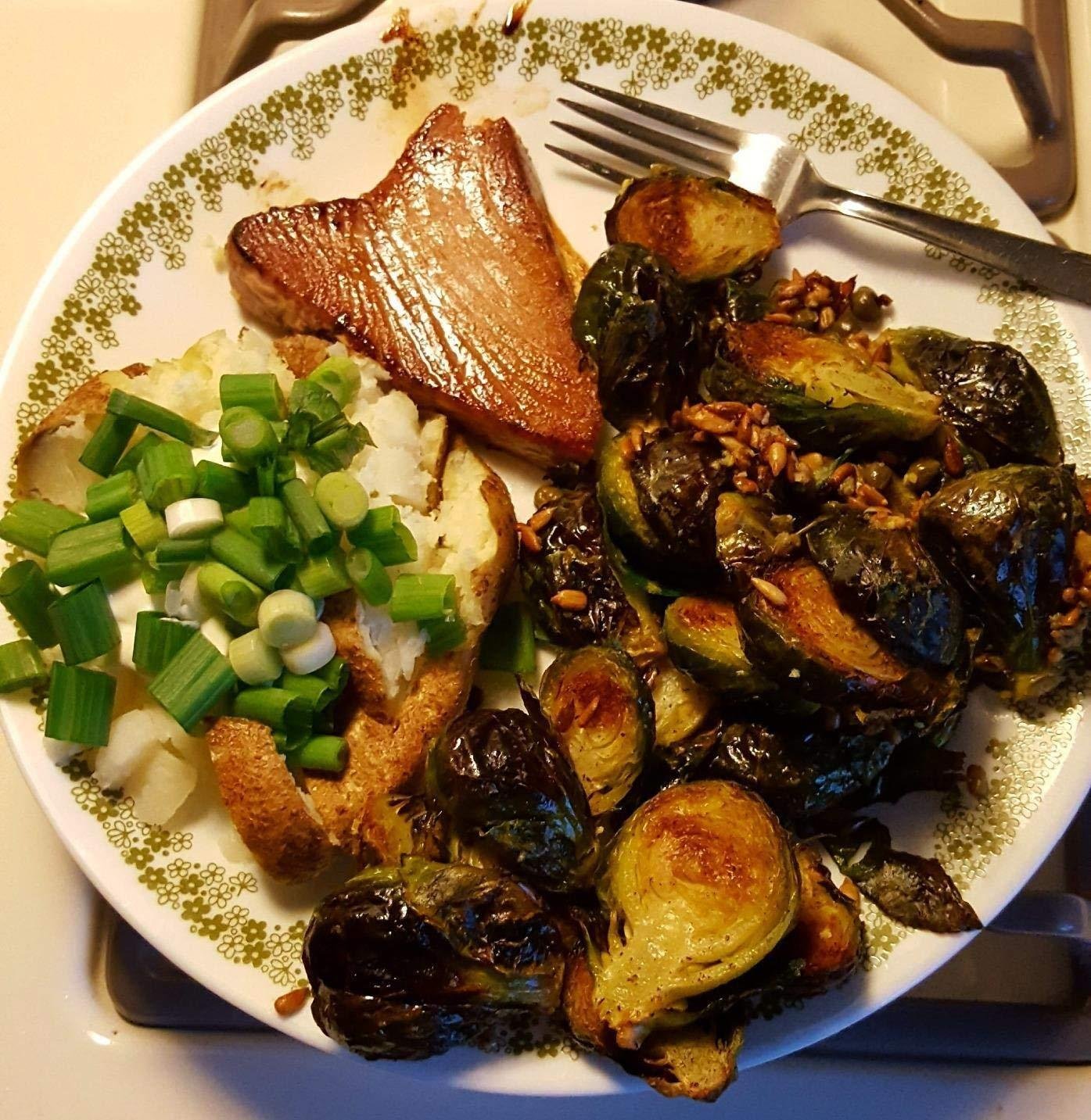 Customer photo showing golden roasted Brussels sprouts made in the Breville Smart Oven Pro