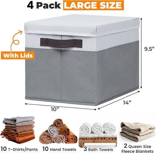 Criusia product diagram showing the 14 by 10 by 9.5 inch dimensions and lidded design of the four-pack fabric bins