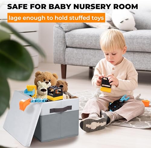 Criusia marketing image showing a lidded bin holding stuffed toys in a nursery next to a child