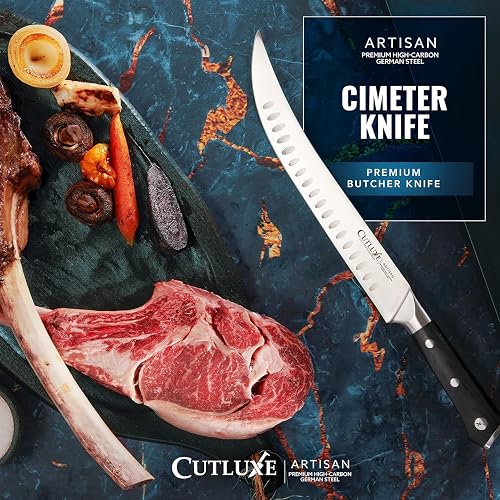 The Cutluxe cimeter knife resting in its included blade sheath