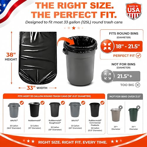 Delxo's sizing chart showing the 33 by 38 inch bag rated to fit round cans 18 to 21.5 inches in diameter
