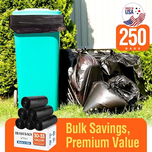 The Delxo bulk box holding 250 black 30 to 33 gallon bags on perforated tear-off rolls