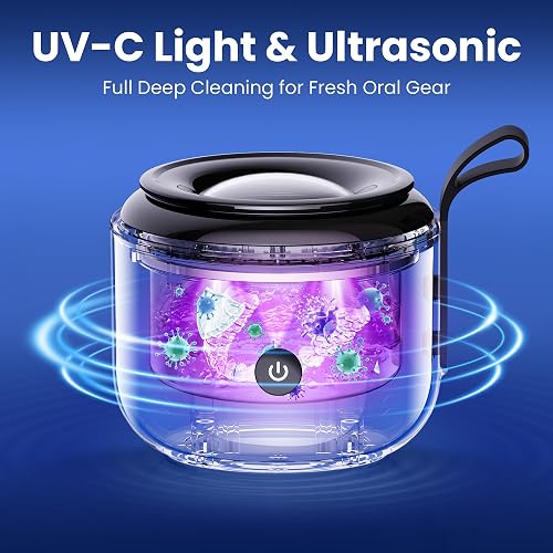 DOLALA retainer cleaner infographic showing 48kHz ultrasonic and UV-C deep cleaning of a clear aligner
