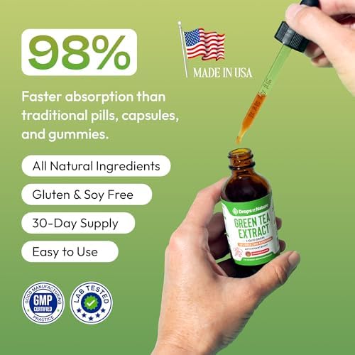 Close-up of the Green Tea Extract Liquid Drops supplement facts and dropper