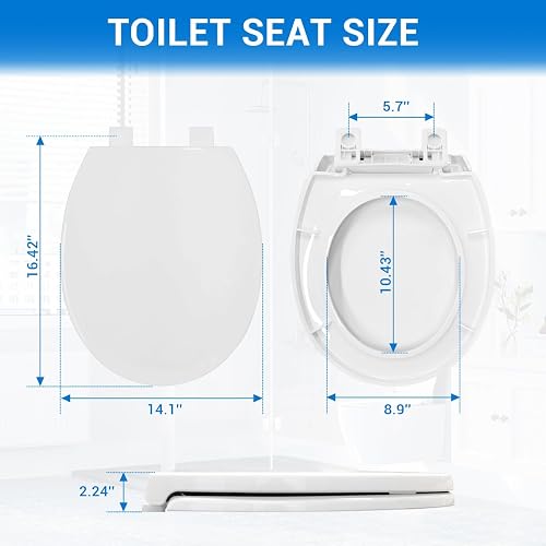 DryLabs round toilet seat dimension diagram showing the 16.42-inch length, 14.1-inch width, and 10.43-inch seat opening