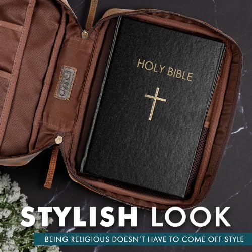 Inside the ELIZO leather Bible case showing a Bible seated in the zippered interior with storage compartments