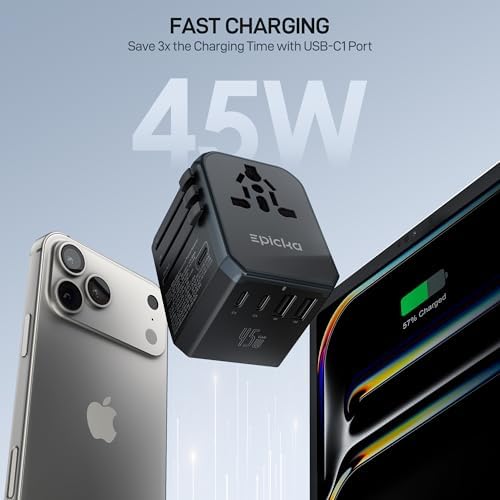 EPICKA Universal Travel Adapter GaN 45W with its regional plugs extended, charging several devices