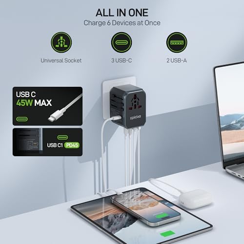 Close-up of the EPICKA GaN 45W adapter's three USB-C and two USB-A charging ports