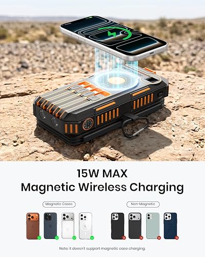 FEELLE Solar Power Bank 50000mAh charging an iPhone on its 15W magnetic wireless pad