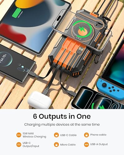 FEELLE Solar Power Bank 50000mAh charging six devices at once through its cables, ports, and wireless pad