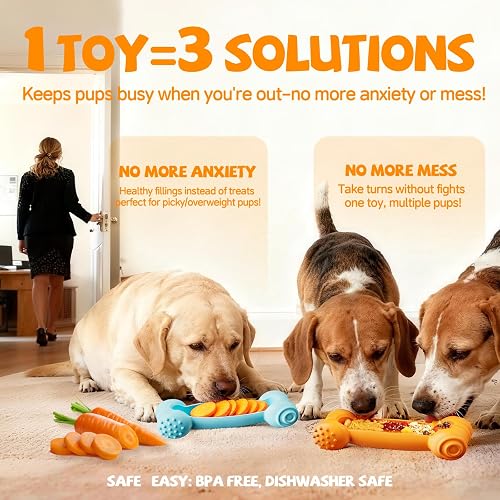 Three dogs enjoying FOXMM bones, with the orange and blue two-pack shown in front