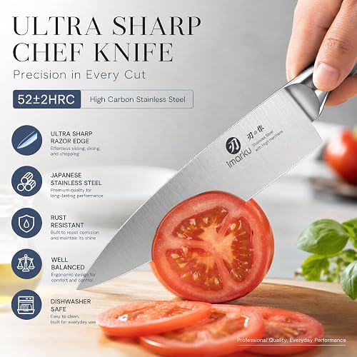 Close-up of the imarku chef knife and santoku blade during vegetable prep
