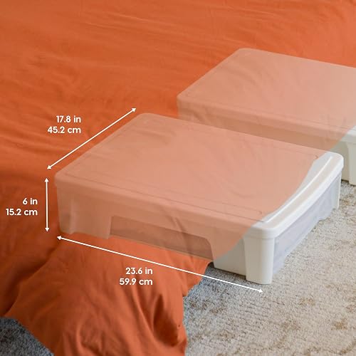 IRIS USA 22 Qt under-bed bins shown beneath a bed with exterior dimensions of 23.6 by 17.8 by 6 inches