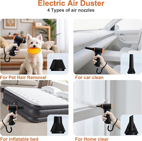 JUFINX X117 listing panel showing four nozzle use cases: pet hair removal, car cleaning, inflating a bed, and home dusting