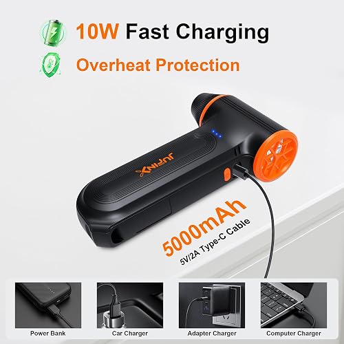 JUFINX X117 listing panel highlighting 10W fast charging, overheat protection, and the 5000mAh battery charged over USB-C
