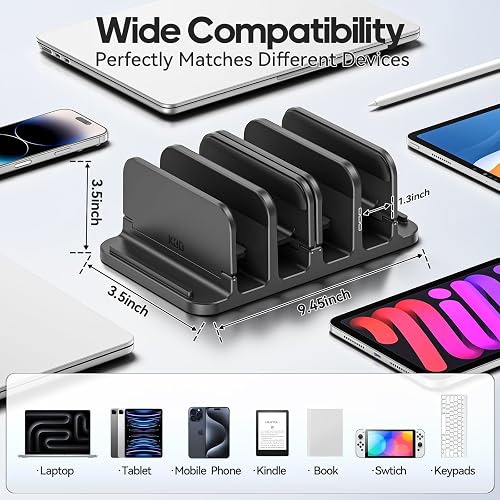 KDD vertical laptop stand dimension diagram showing the 9.45-inch base, 3.5-inch height, and slot spacing with compatible device types