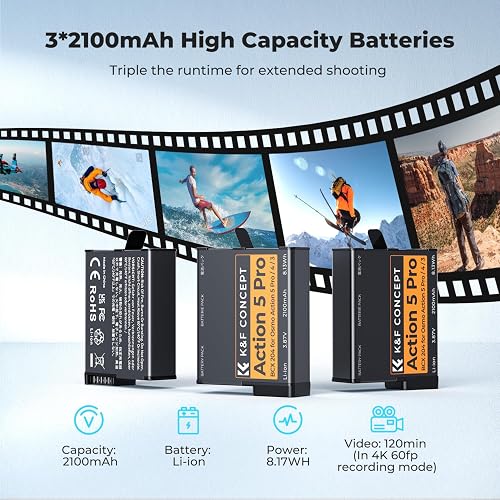K&F Concept 2100mAh Osmo Action batteries shown with capacity and 4K runtime specs