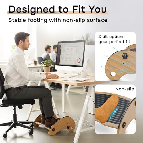 Man at an office desk using the bamboo foot rest, with callouts for its three tilt options and non-slip surface