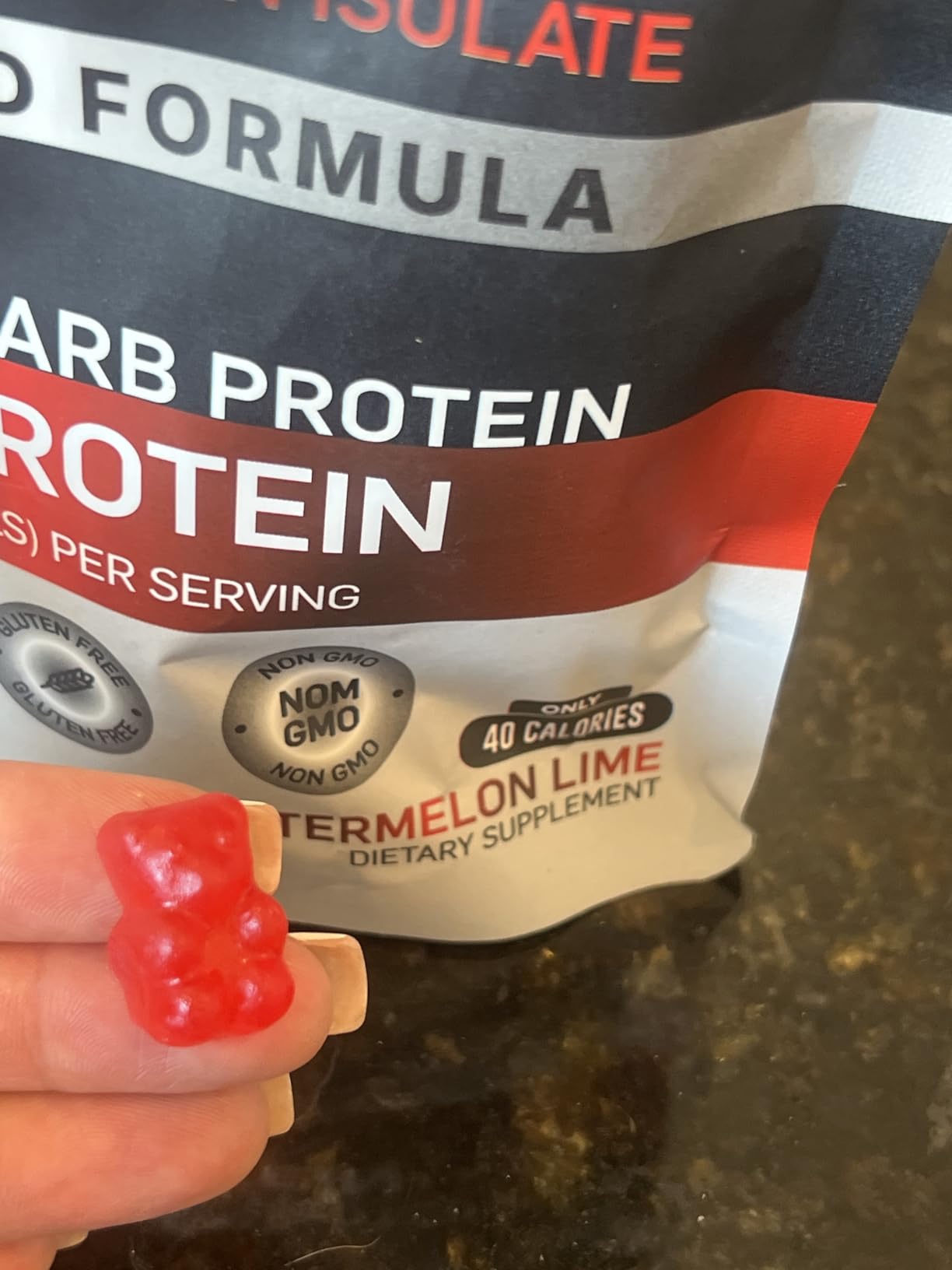 Supplement facts panel showing 10g protein per four-gummy serving