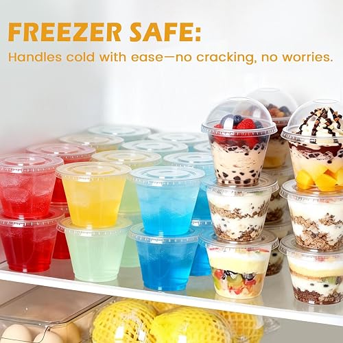 Lamosi cups stacked in a refrigerator holding jello, drinks, and layered parfaits, showing the flat-lid stacking