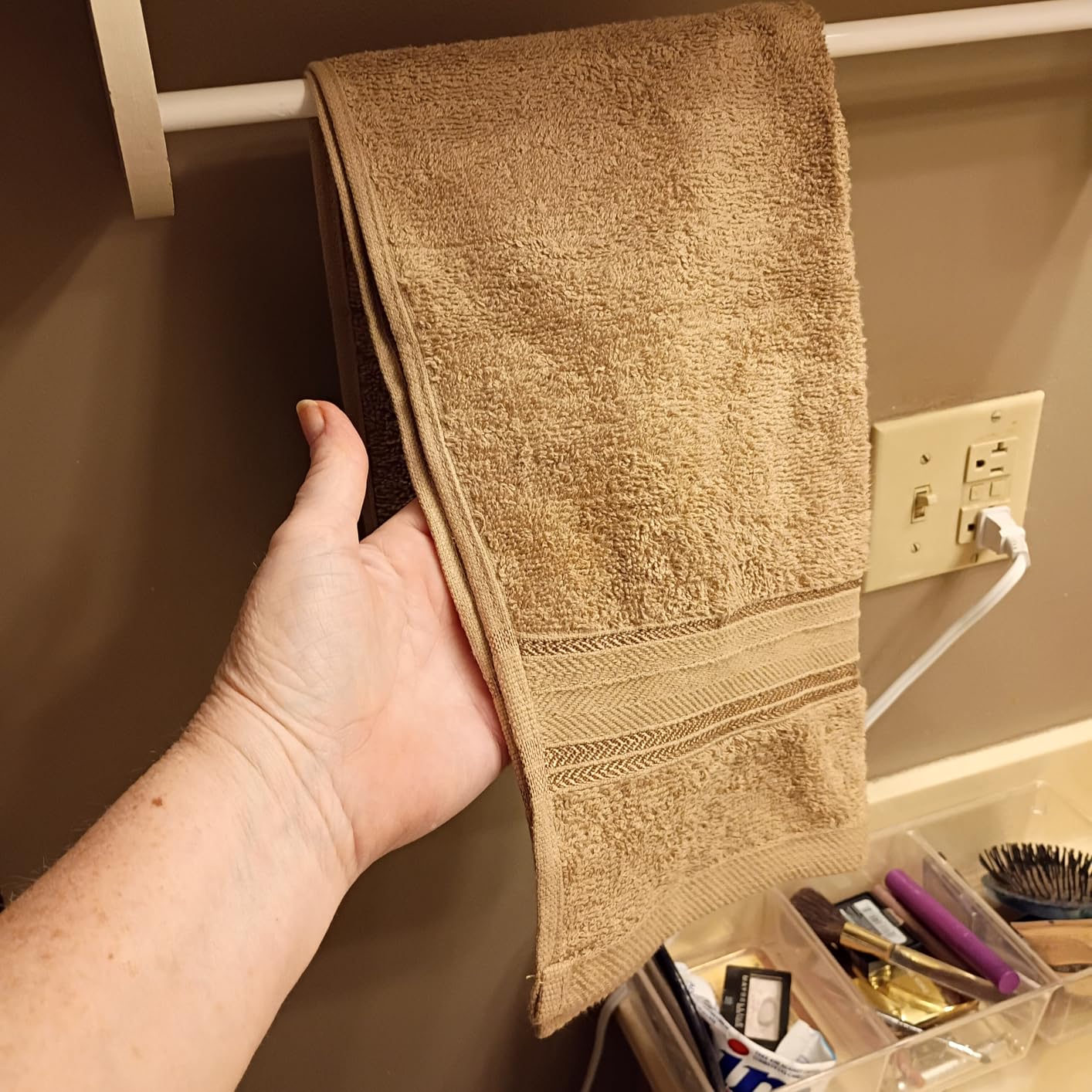 Customer photo showing Lane Linen towel size and softness