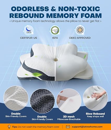 Panel showing the Latree pillow cover, 3D mesh, and CertiPUR-US, OEKO-TEX, and ISPA certifications