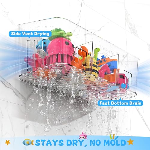 Lysam bath toy organizer showing side-vent and bottom drainage that lets water run out so toys stay dry