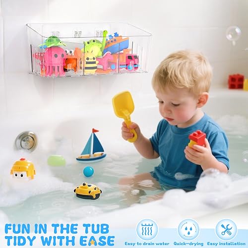 Wall-mounted Lysam bath toy organizer hanging within a toddler's reach above the tub
