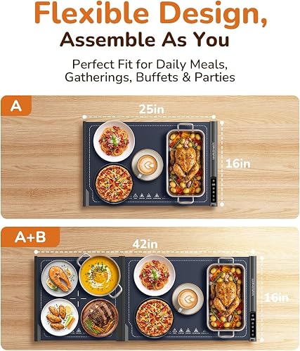 MAPLEPARTY food warming mat shown as a 25-inch panel and expanded to a full 42 inches with plates and casserole dishes