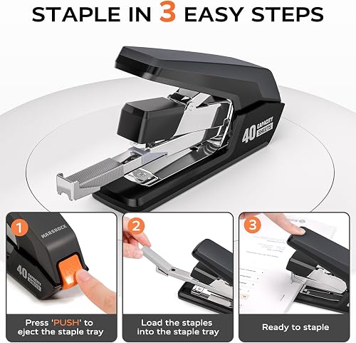 The Marsrock stapler's push-button tray sliding out to reload staples in three steps, shown in a product diagram