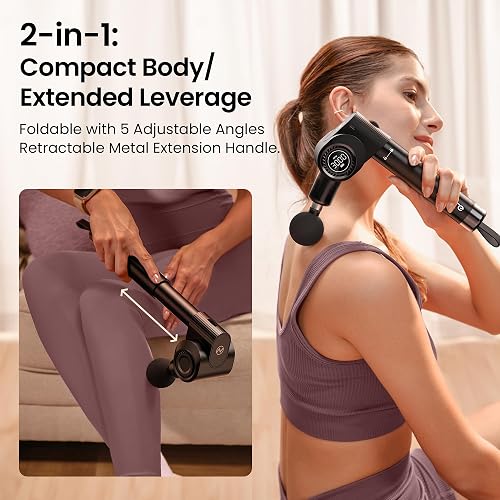 NAPRE Foldable Massage Gun with its extendable handle extended to reach the upper back