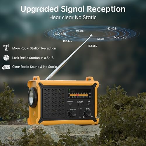 Product panel showing the NOAA weather radio with its telescoping antenna extended and the seven NOAA weather-band frequencies it scans