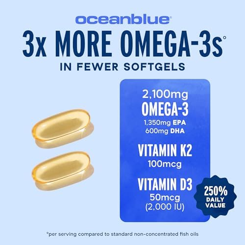OceanBlue Omega-3 2100 supplement facts label showing EPA, DHA, DPA, K2, and D3