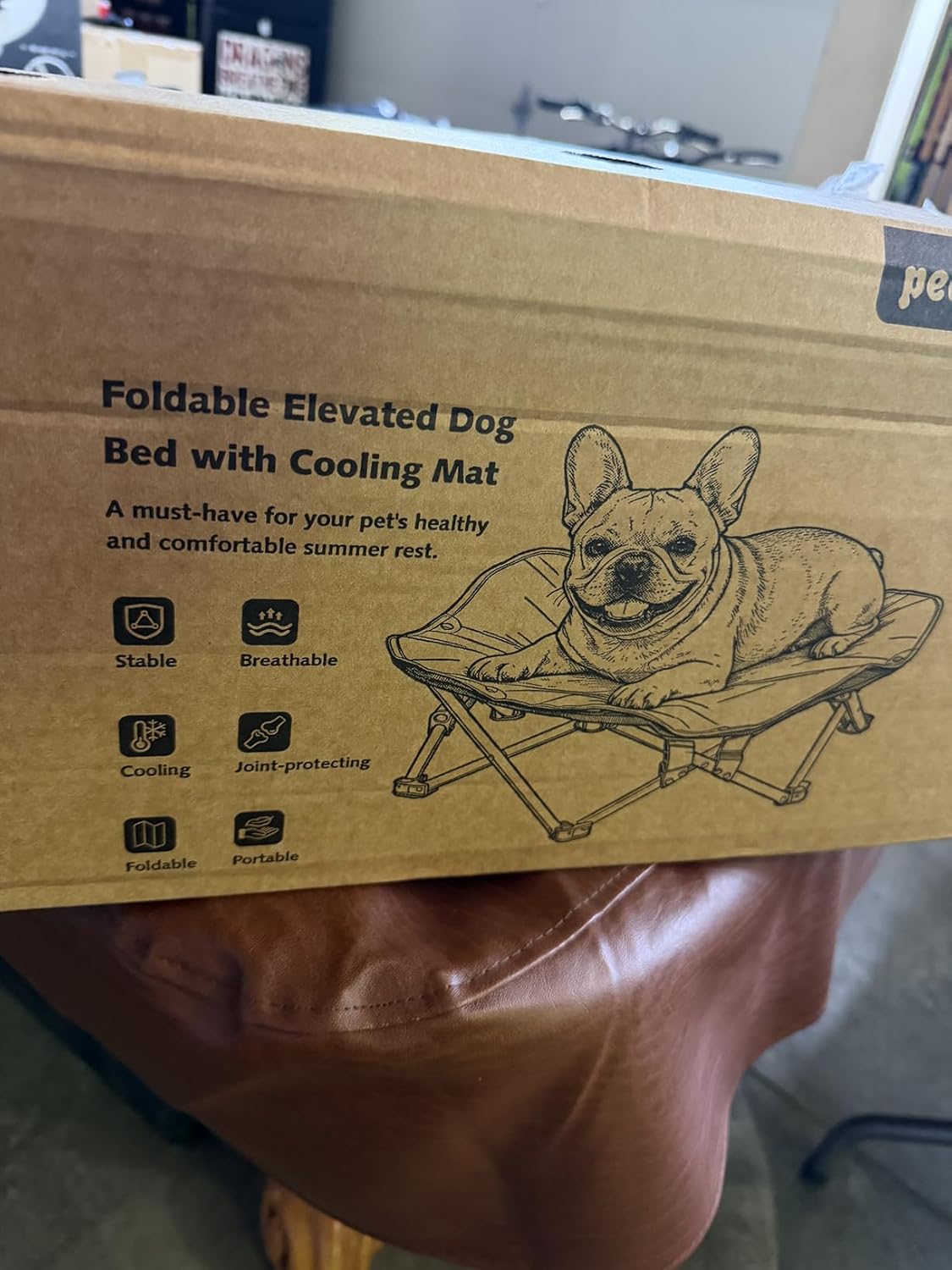 Pecute Foldable Elevated Dog Bed set up with the snap-on cooling blanket on the breathable mesh cot