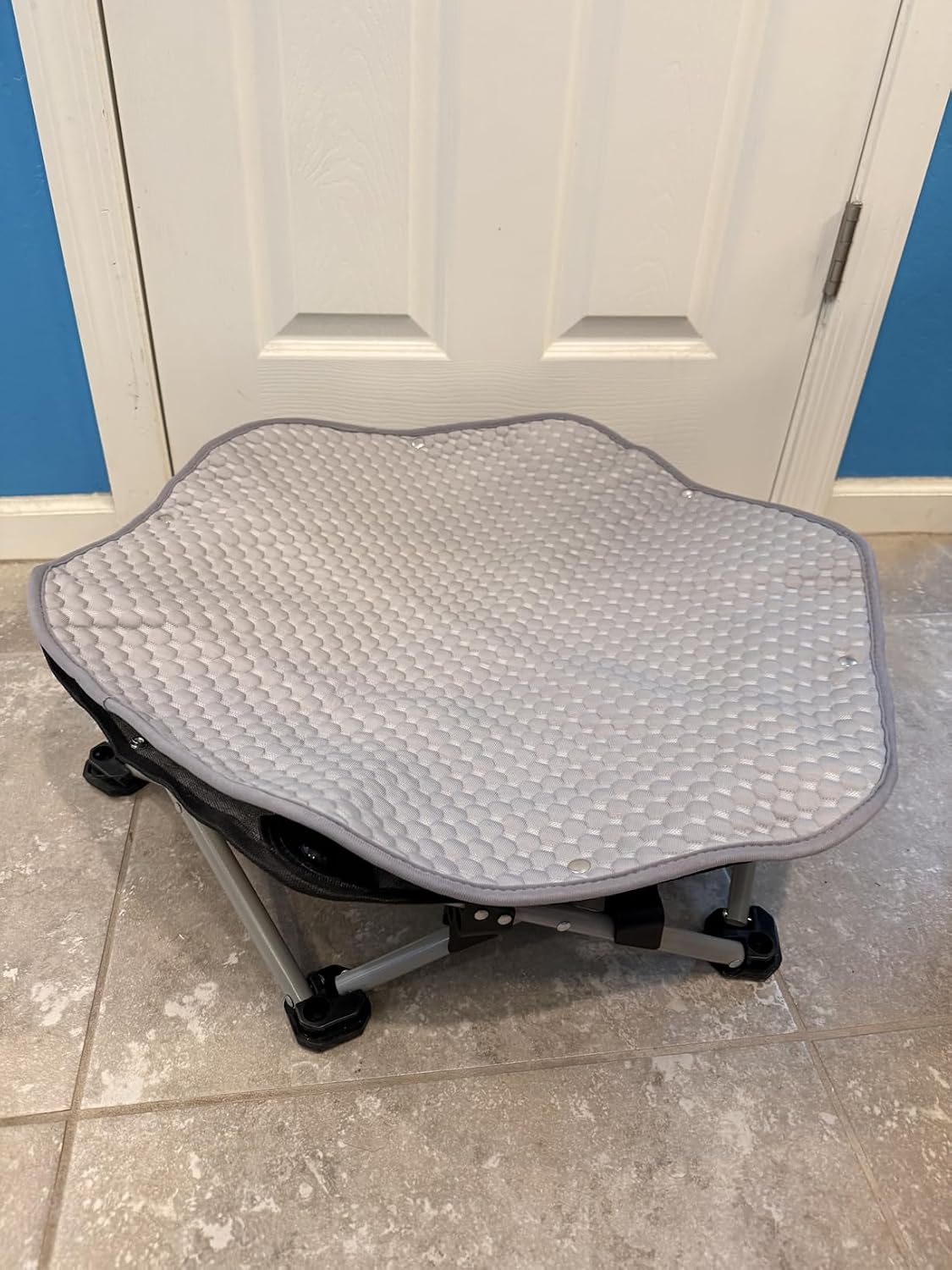 Close-up of the breathable mesh and 16mm steel frame on the Pecute elevated dog cot