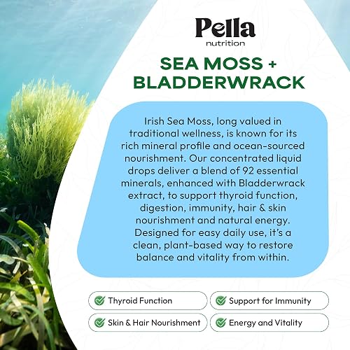 Pella Nutrition Sea Moss Drops with Bladderwrack in a dark glass dropper bottle