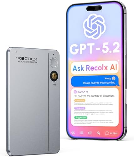RECOLX AI voice recorder next to an iPhone running the Ask Recolx AI chat in the companion app