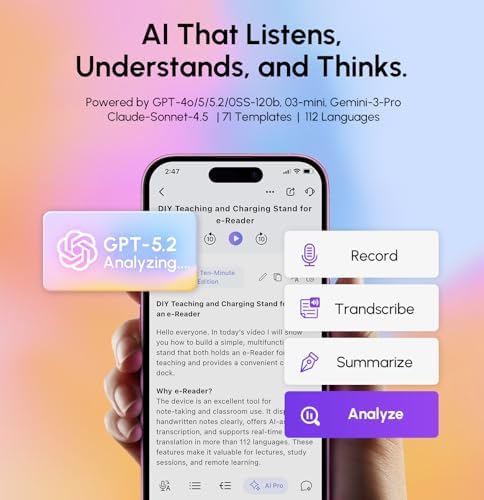 RECOLX app showing the record, transcribe, summarize, and analyze workflow with GPT-5.2