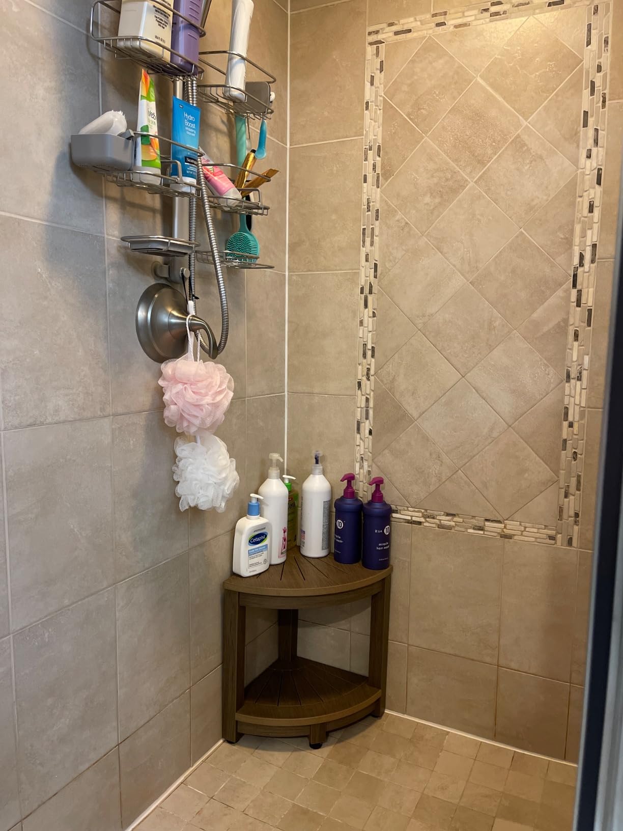 Customer photo showing the ROHKEX Corner Shower Stool in use