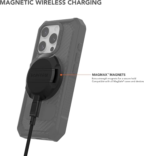 Rokform Magnetic Wireless Charger holding a phone on a desk