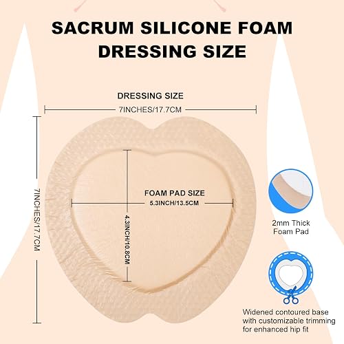 Size diagram showing the 7x7 inch dressing and 5.3 by 4.3 inch foam pad