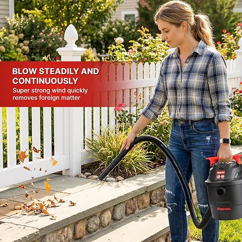 Shop-Vac 1.5 Gallon Wet/Dry Vacuum product image showing the rear blower port clearing leaves off a patio