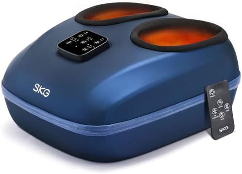 The SKG YS100 foot massager showing its two heated foot pockets, touch control panel, and included remote